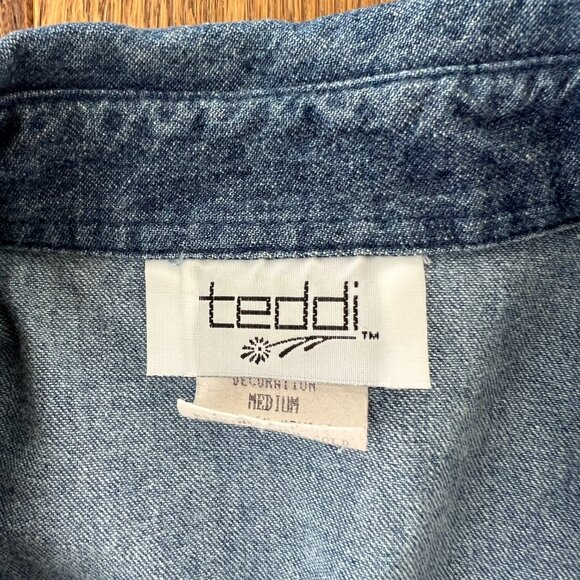 Vintage 90s Teddi Denim Shirt M | Embroidered Gingham Patchwork Button Up - Picture 4 of 6